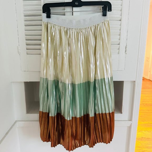 LIQUORISH Shiny Metallic Silver/Teal/Copper Pleated Midi Skirt, Size Small - Picture 2 of 7